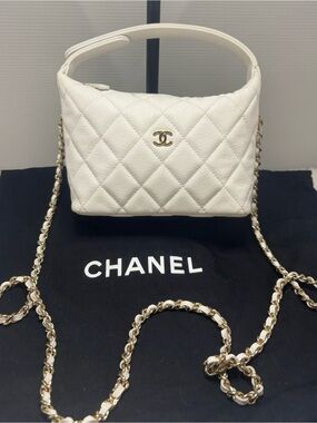 CHANEL White Quilted Caviar Mini Bag with Gold Chain